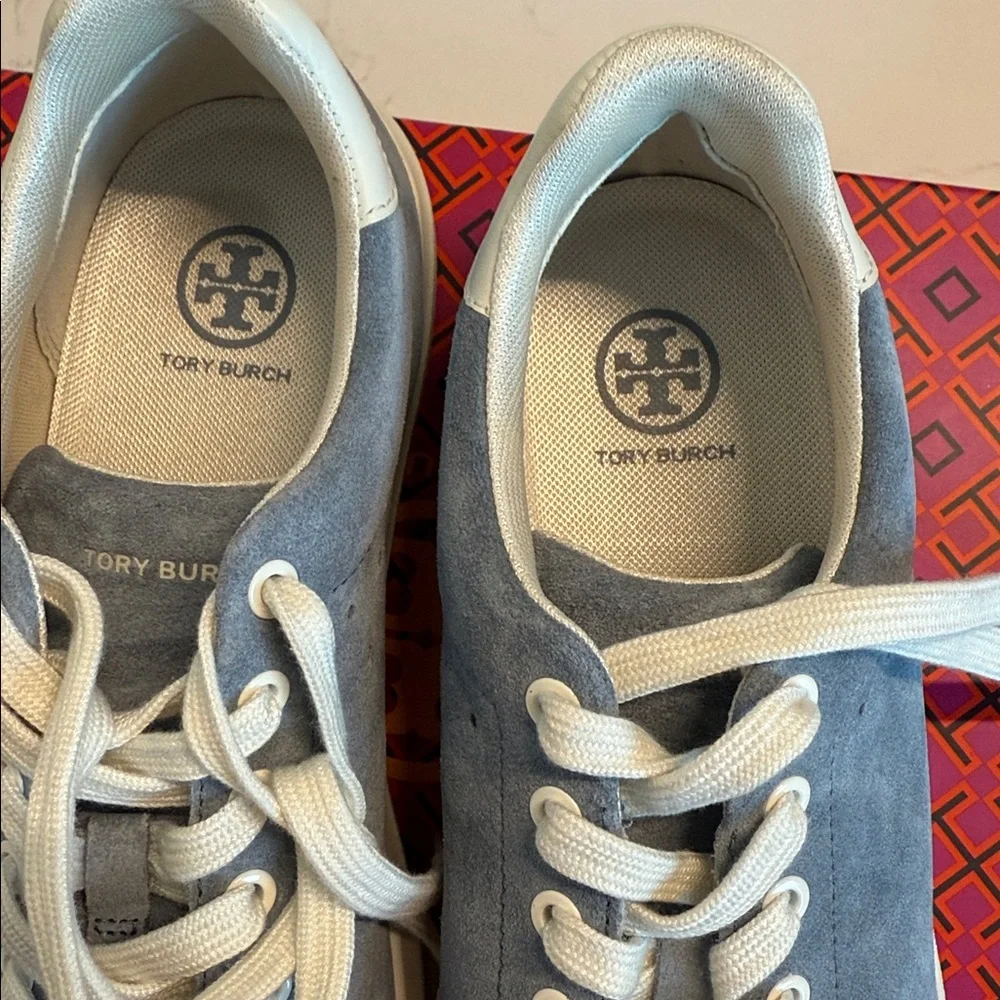 Tory Burch Suede Low-Top Sneakers in Blue and Cream